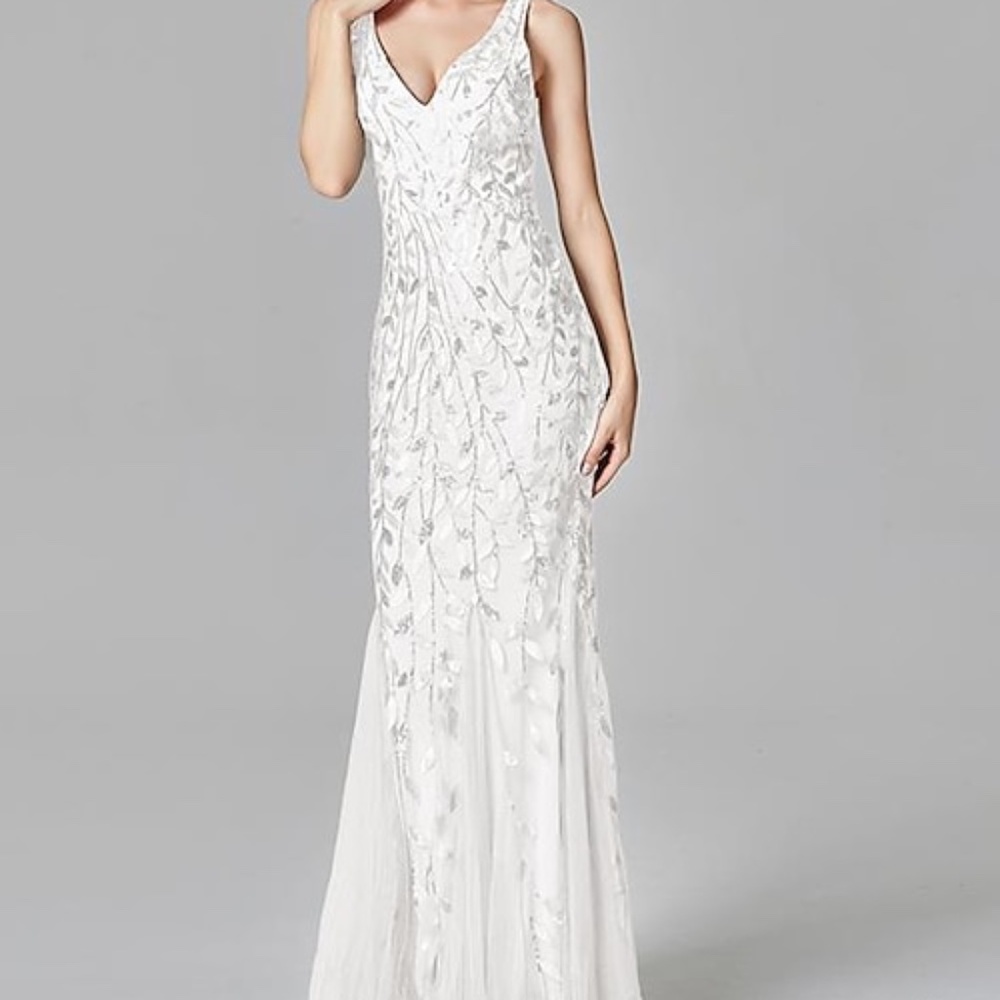 Ever Pretty Women's Double V-Neck Fishtail Sequin Evening Dress | White/Silver